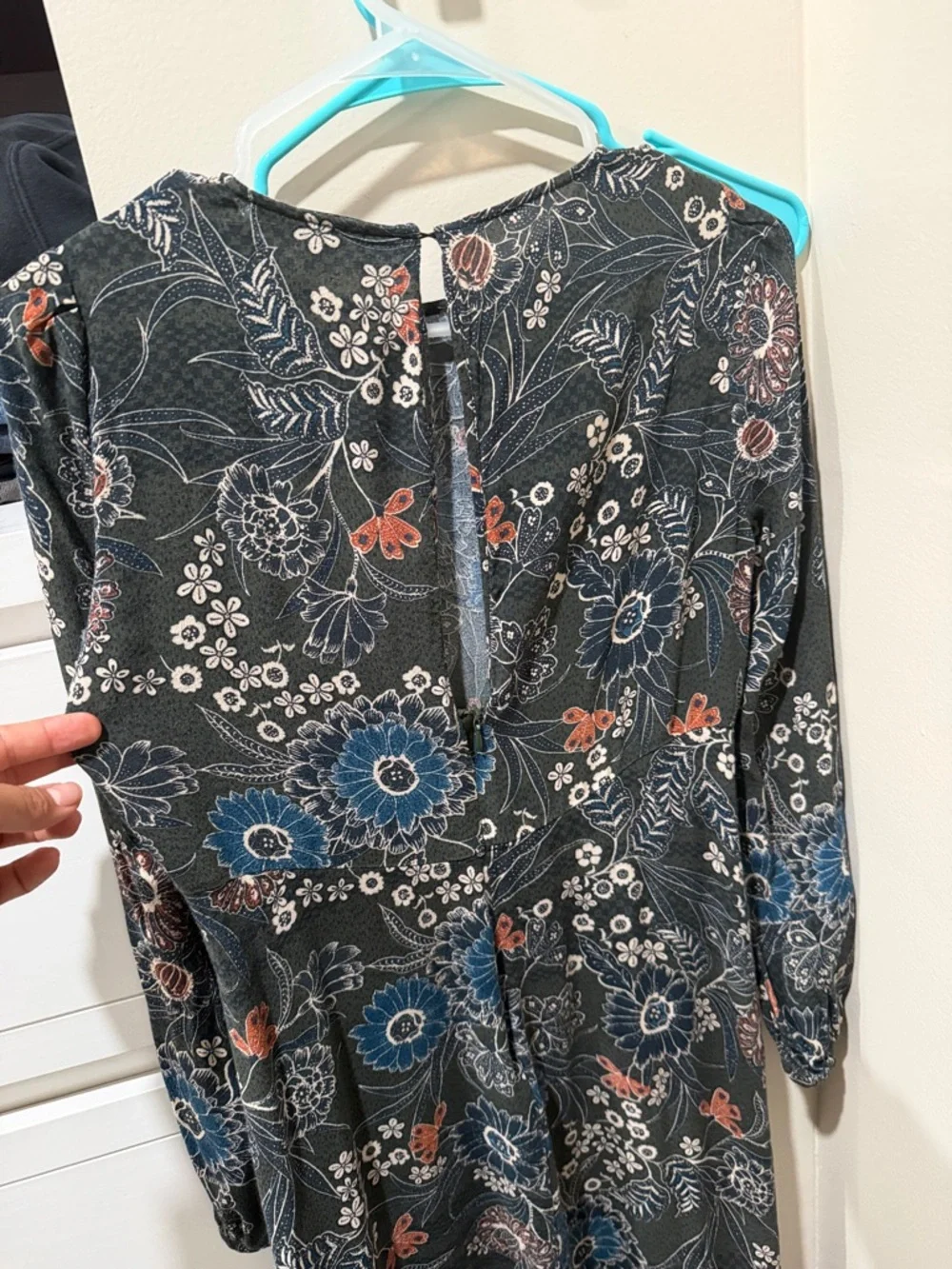Zara Dark Green Floral Long-Sleeve Midi Dress with Blue and Rust Accents - Picture 4 of 7